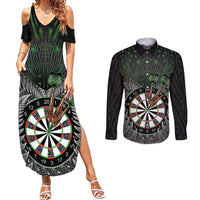Personalised New Zealand Darts Couples Matching Summer Maxi Dress and Long Sleeve Button Shirt Dartboard Maori Fern Puhoro Art