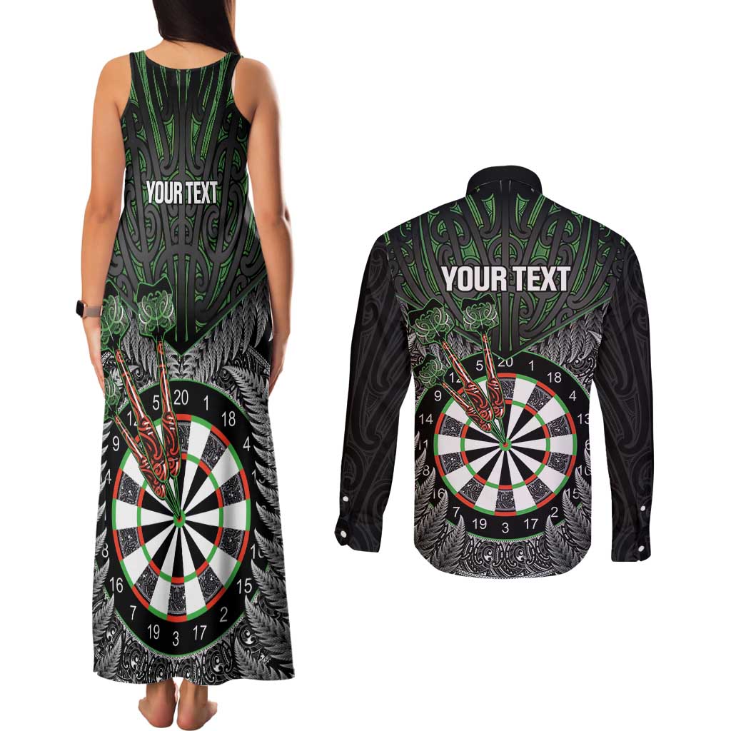 Personalised New Zealand Darts Couples Matching Tank Maxi Dress and Long Sleeve Button Shirt Dartboard Maori Fern Puhoro Art
