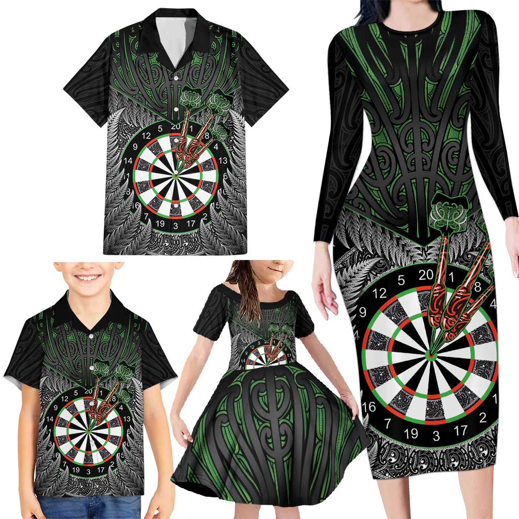 Personalised New Zealand Darts Family Matching Long Sleeve Bodycon Dress and Hawaiian Shirt Dartboard Maori Fern Puhoro Art