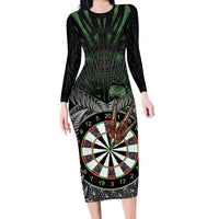 Personalised New Zealand Darts Family Matching Long Sleeve Bodycon Dress and Hawaiian Shirt Dartboard Maori Fern Puhoro Art