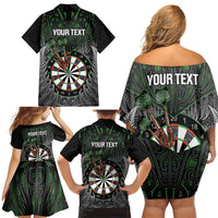 Personalised New Zealand Darts Family Matching Off Shoulder Short Dress and Hawaiian Shirt Dartboard Maori Fern Puhoro Art