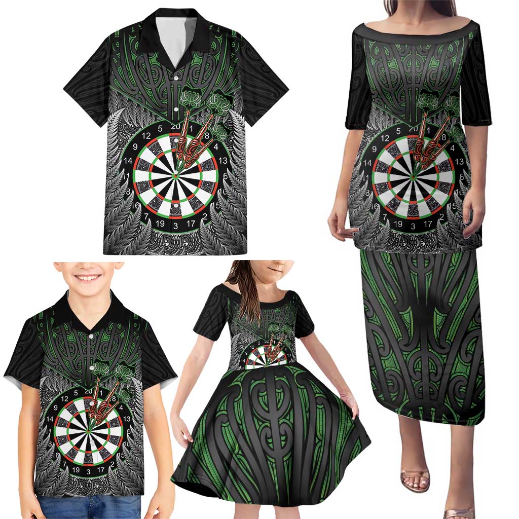 Personalised New Zealand Darts Family Matching Puletasi and Hawaiian Shirt Dartboard Maori Fern Puhoro Art