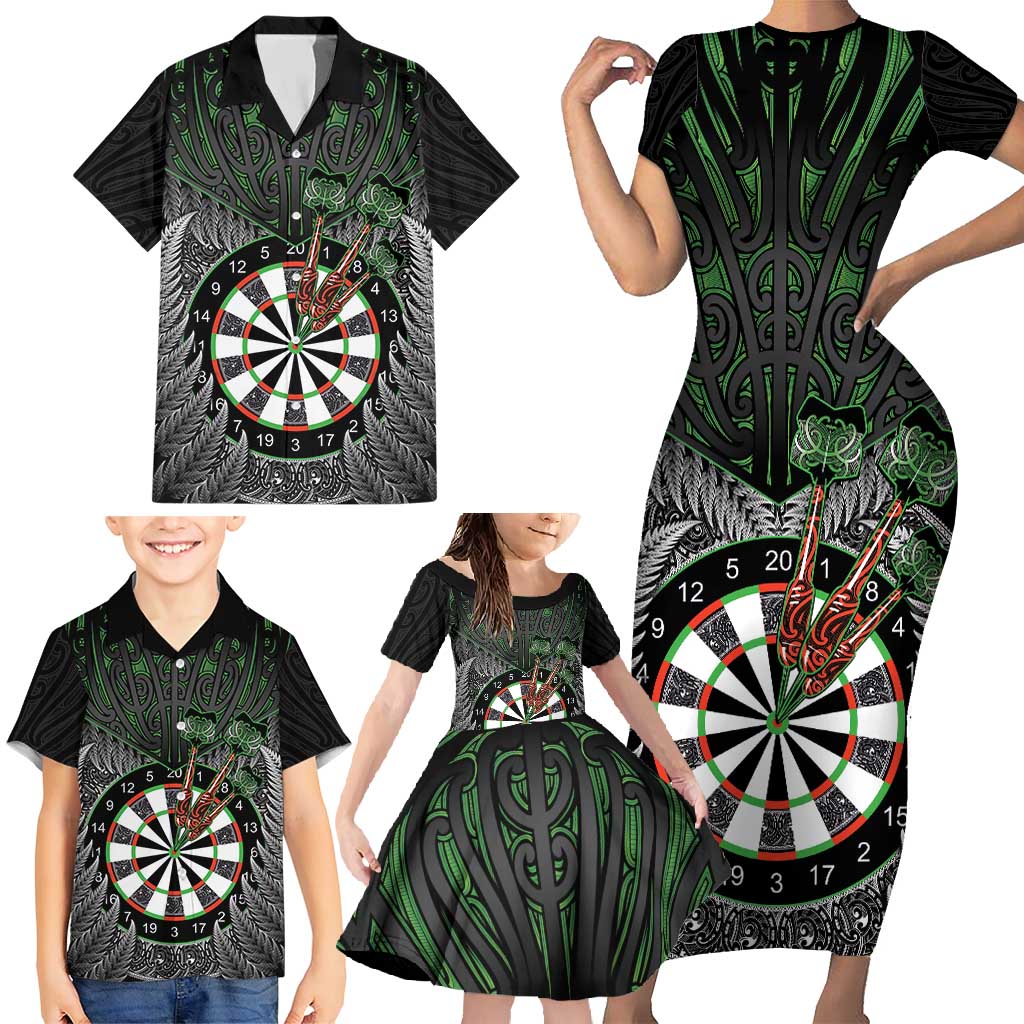 Personalised New Zealand Darts Family Matching Short Sleeve Bodycon Dress and Hawaiian Shirt Dartboard Maori Fern Puhoro Art