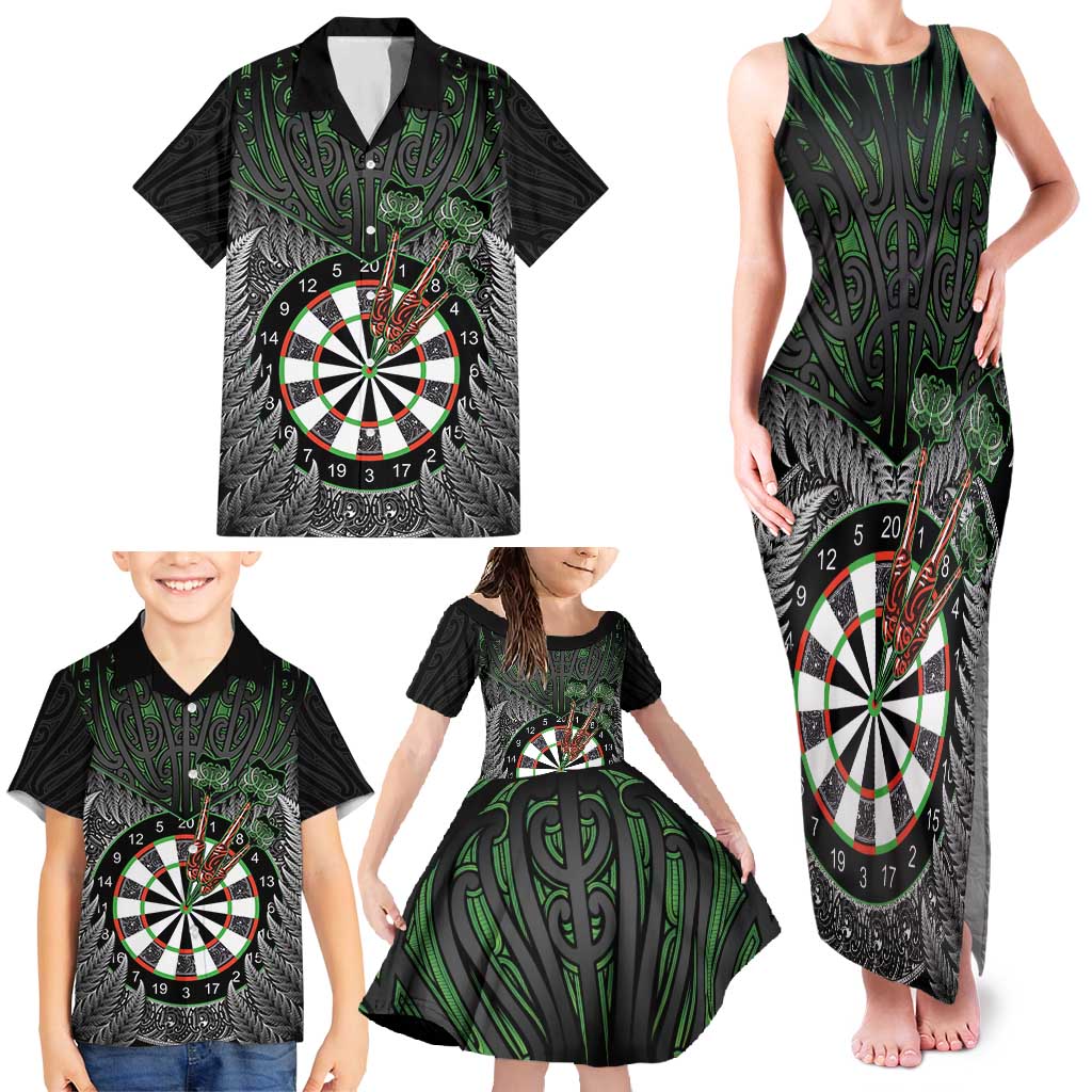 Personalised New Zealand Darts Family Matching Tank Maxi Dress and Hawaiian Shirt Dartboard Maori Fern Puhoro Art