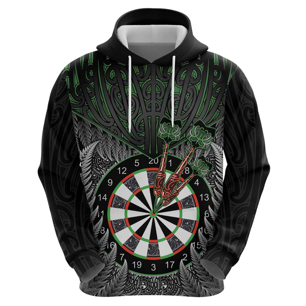 Personalised New Zealand Darts Hoodie Dartboard Maori Fern Puhoro Art