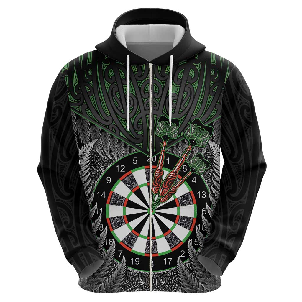 Personalised New Zealand Darts Hoodie Dartboard Maori Fern Puhoro Art
