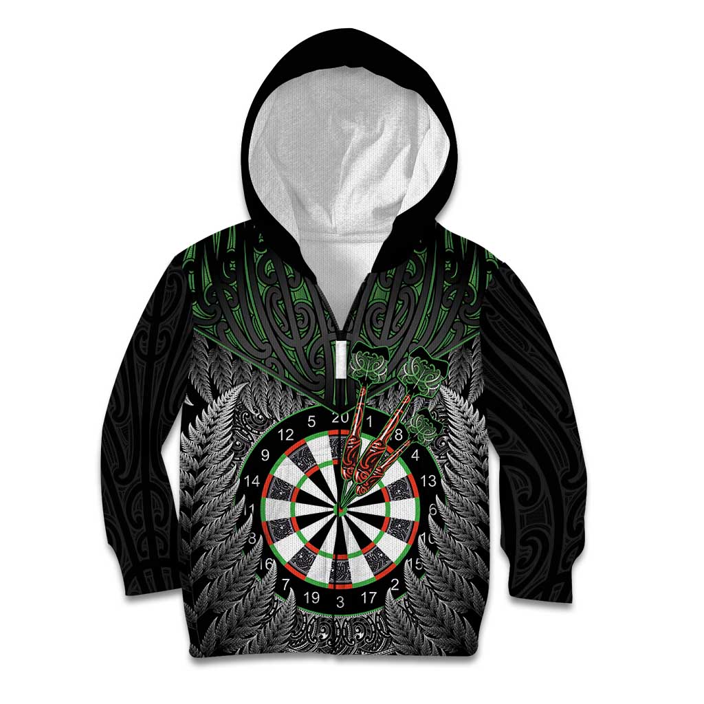 Personalised New Zealand Darts Kid Hoodie Dartboard Maori Fern Puhoro Art