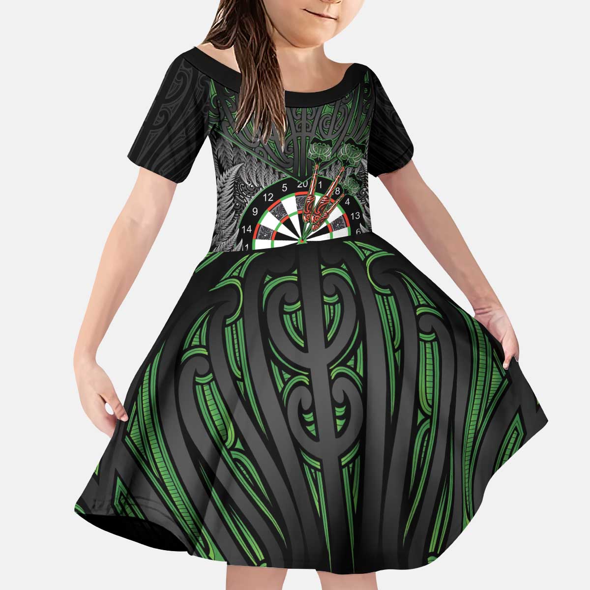 Personalised New Zealand Darts Kid Short Sleeve Dress Dartboard Maori Fern Puhoro Art