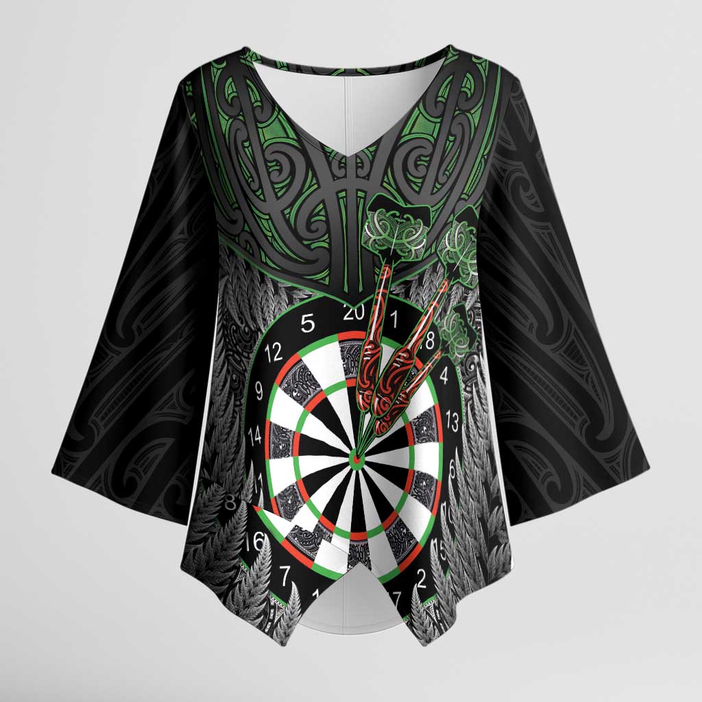 Personalised New Zealand Darts Kimono Sleeve Blouse Dartboard Maori Fern Puhoro Art - Polynesian Pride