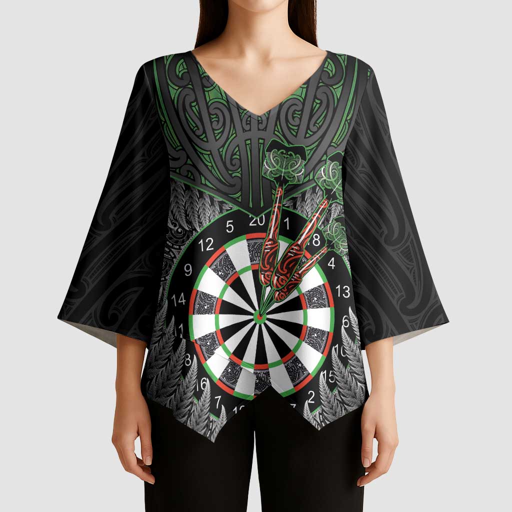 Personalised New Zealand Darts Kimono Sleeve Blouse Dartboard Maori Fern Puhoro Art - Polynesian Pride