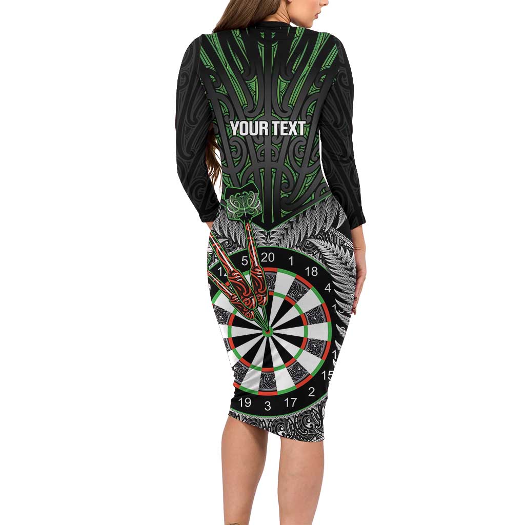 Personalised New Zealand Darts Long Sleeve Bodycon Dress Dartboard Maori Fern Puhoro Art