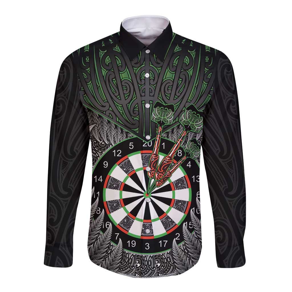 Personalised New Zealand Darts Long Sleeve Button Shirt Dartboard Maori Fern Puhoro Art