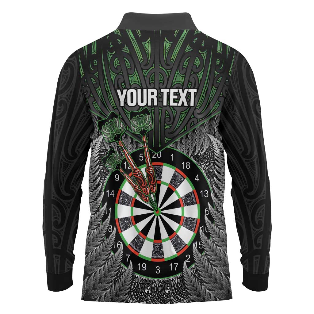 Personalised New Zealand Darts Long Sleeve Polo Shirt Dartboard Maori Fern Puhoro Art