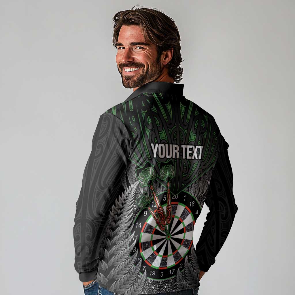 Personalised New Zealand Darts Long Sleeve Polo Shirt Dartboard Maori Fern Puhoro Art