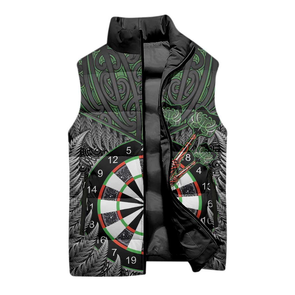 Personalised New Zealand Darts Sleeveless Puffer Jacket Dartboard Maori Fern Puhoro Art - Polynesian Pride