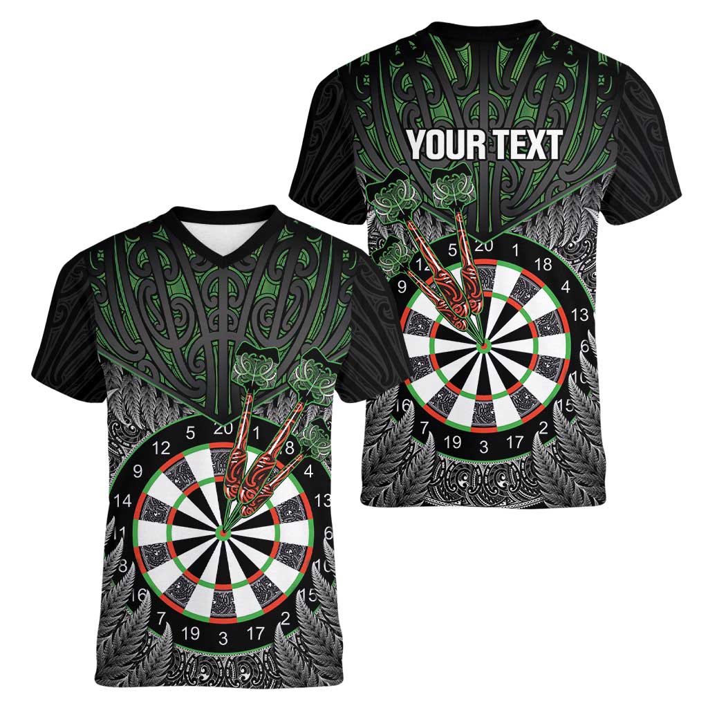 Personalised New Zealand Darts Women V-Neck T-Shirt Dartboard Maori Fern Puhoro Art
