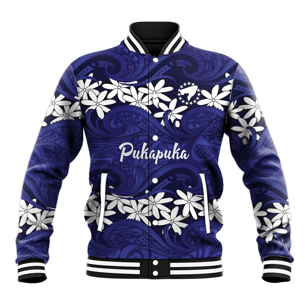 Personalised Cook Islands Pukapuka Baseball Jacket Tiare Maori Polynesian Waves Tattoo LT14 Unisex Blue - Polynesian Pride
