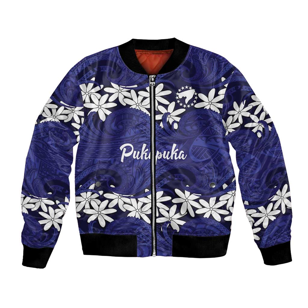 Personalised Cook Islands Pukapuka Bomber Jacket Tiare Maori Polynesian Waves Tattoo LT14 Unisex Blue - Polynesian Pride