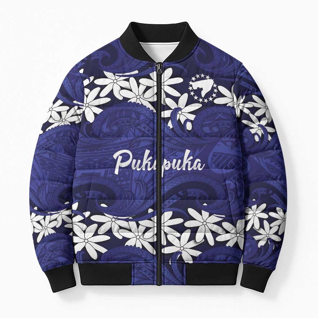 Personalised Cook Islands Pukapuka Bomber Puffer Jacket Tiare Maori Polynesian Waves Tattoo LT14 Unisex Blue - Polynesian Pride