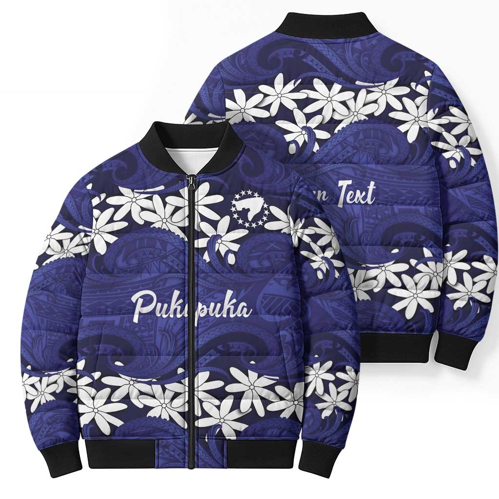 Personalised Cook Islands Pukapuka Bomber Puffer Jacket Tiare Maori Polynesian Waves Tattoo LT14 - Polynesian Pride