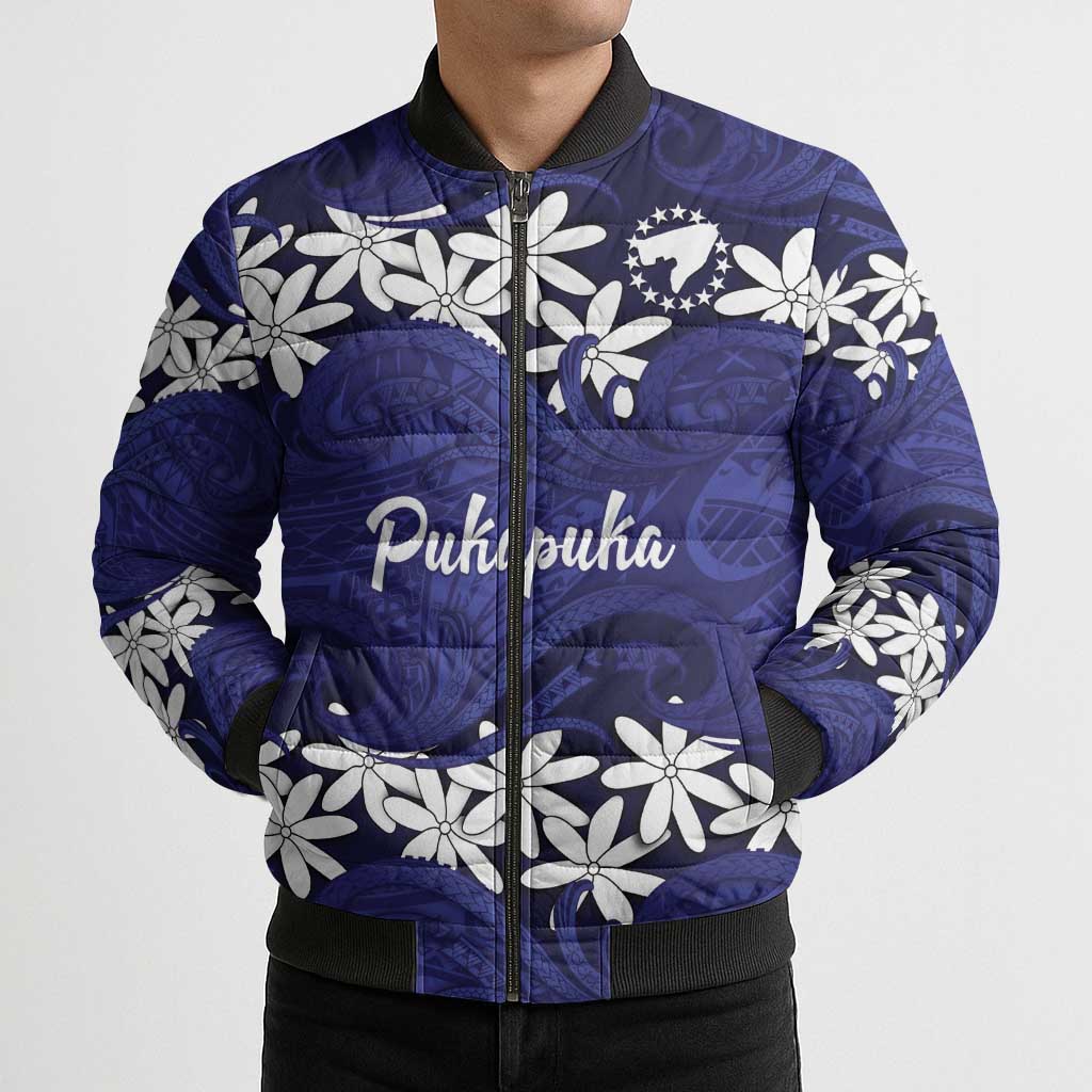 Personalised Cook Islands Pukapuka Bomber Puffer Jacket Tiare Maori Polynesian Waves Tattoo LT14 - Polynesian Pride