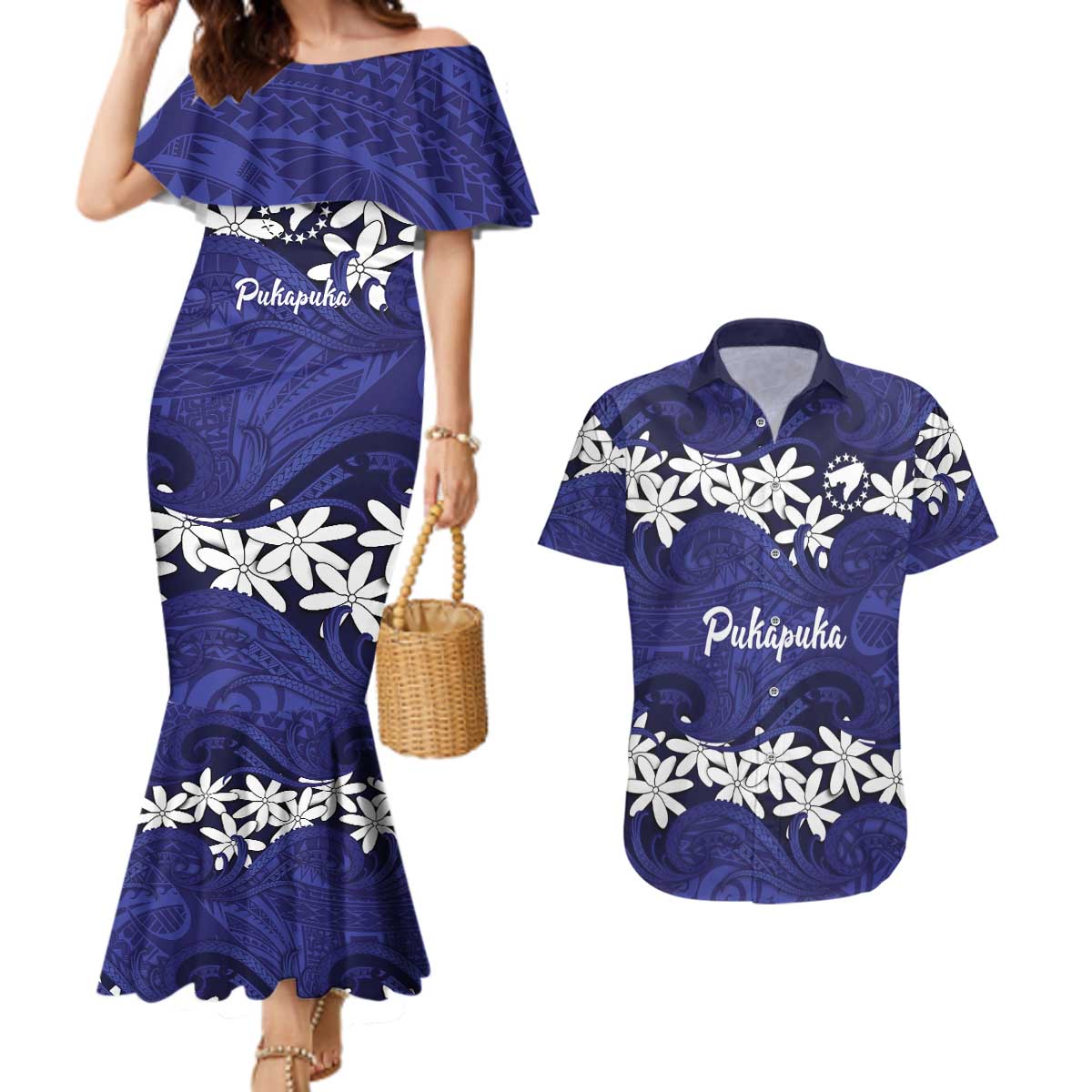 Personalised Cook Islands Pukapuka Couples Matching Mermaid Dress and Hawaiian Shirt Tiare Maori Polynesian Waves Tattoo LT14 Blue - Polynesian Pride