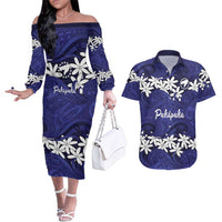 Personalised Cook Islands Pukapuka Couples Matching Off The Shoulder Long Sleeve Dress and Hawaiian Shirt Tiare Maori Polynesian Waves Tattoo