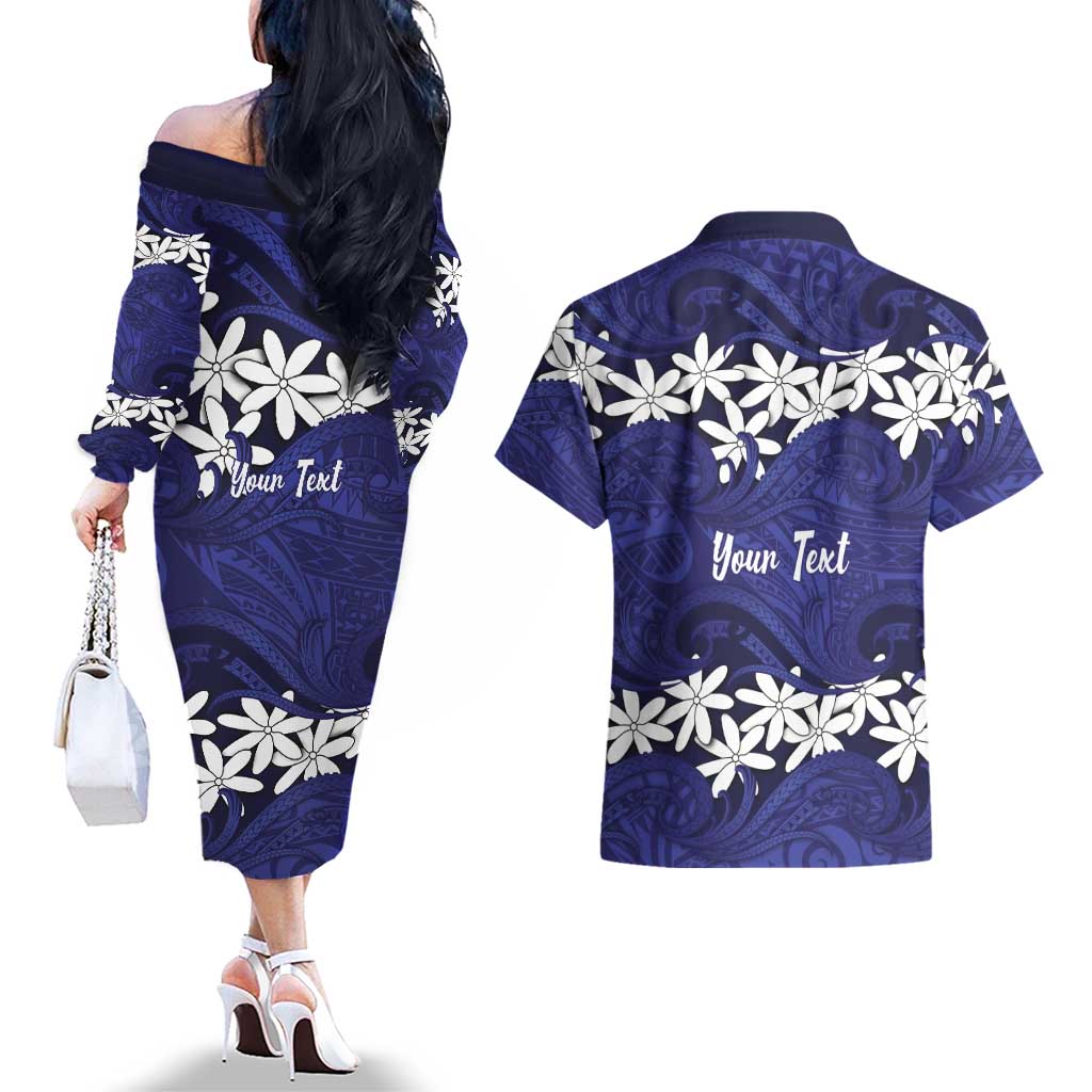 Personalised Cook Islands Pukapuka Couples Matching Off The Shoulder Long Sleeve Dress and Hawaiian Shirt Tiare Maori Polynesian Waves Tattoo