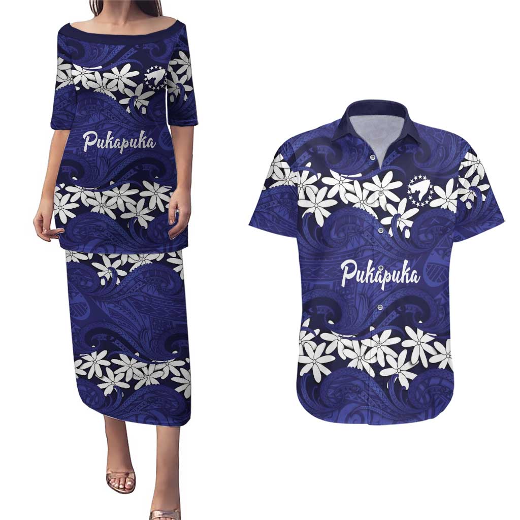 Personalised Cook Islands Pukapuka Couples Matching Puletasi and Hawaiian Shirt Tiare Maori Polynesian Waves Tattoo LT14 Blue - Polynesian Pride