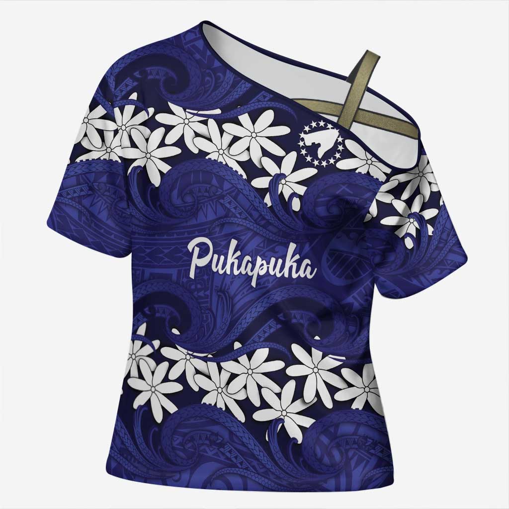 Personalised Cook Islands Pukapuka Cross Shoulder Shirt Tiare Maori Polynesian Waves Tattoo LT14 Female Blue - Polynesian Pride