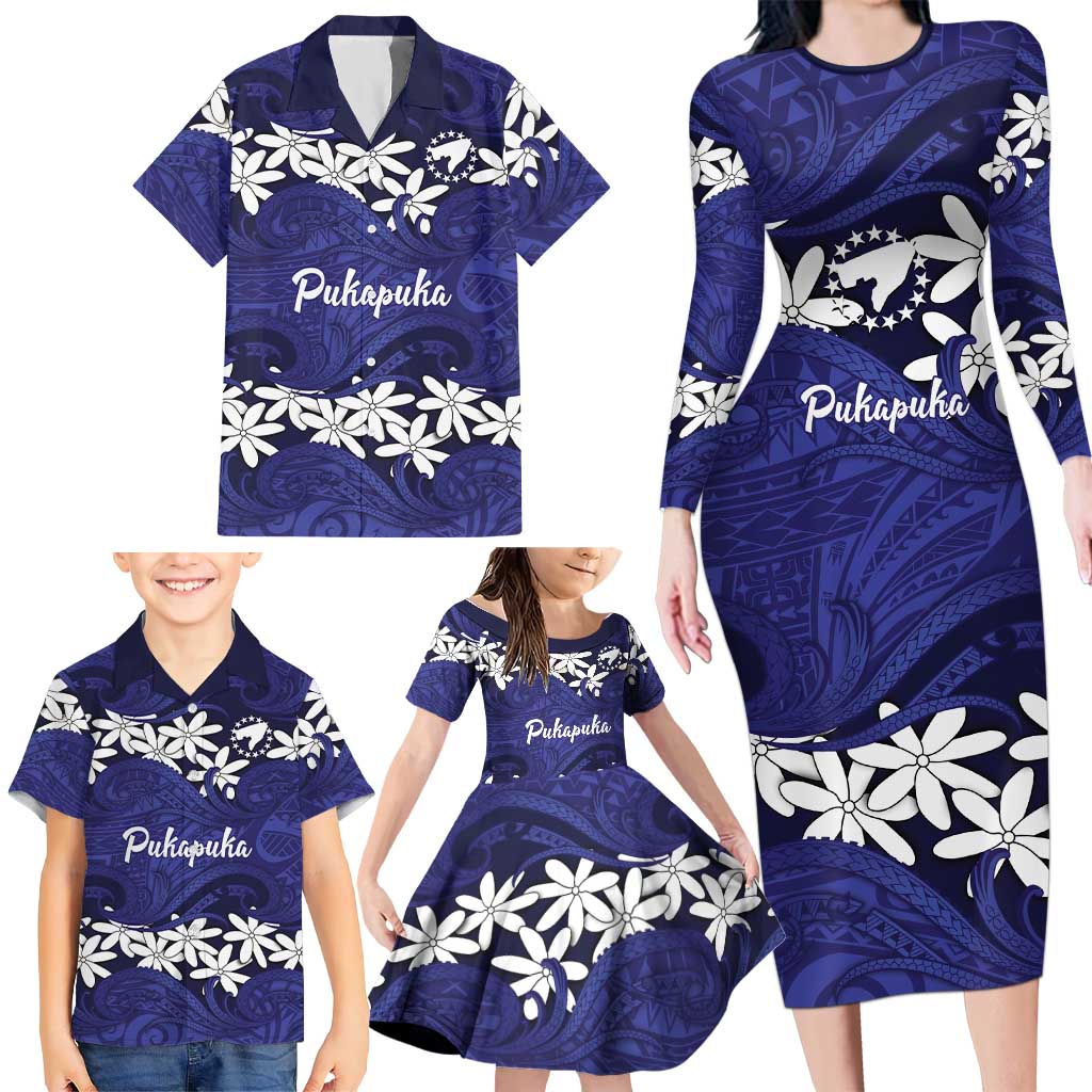 Personalised Cook Islands Pukapuka Family Matching Long Sleeve Bodycon Dress and Hawaiian Shirt Tiare Maori Polynesian Waves Tattoo LT14 - Polynesian Pride