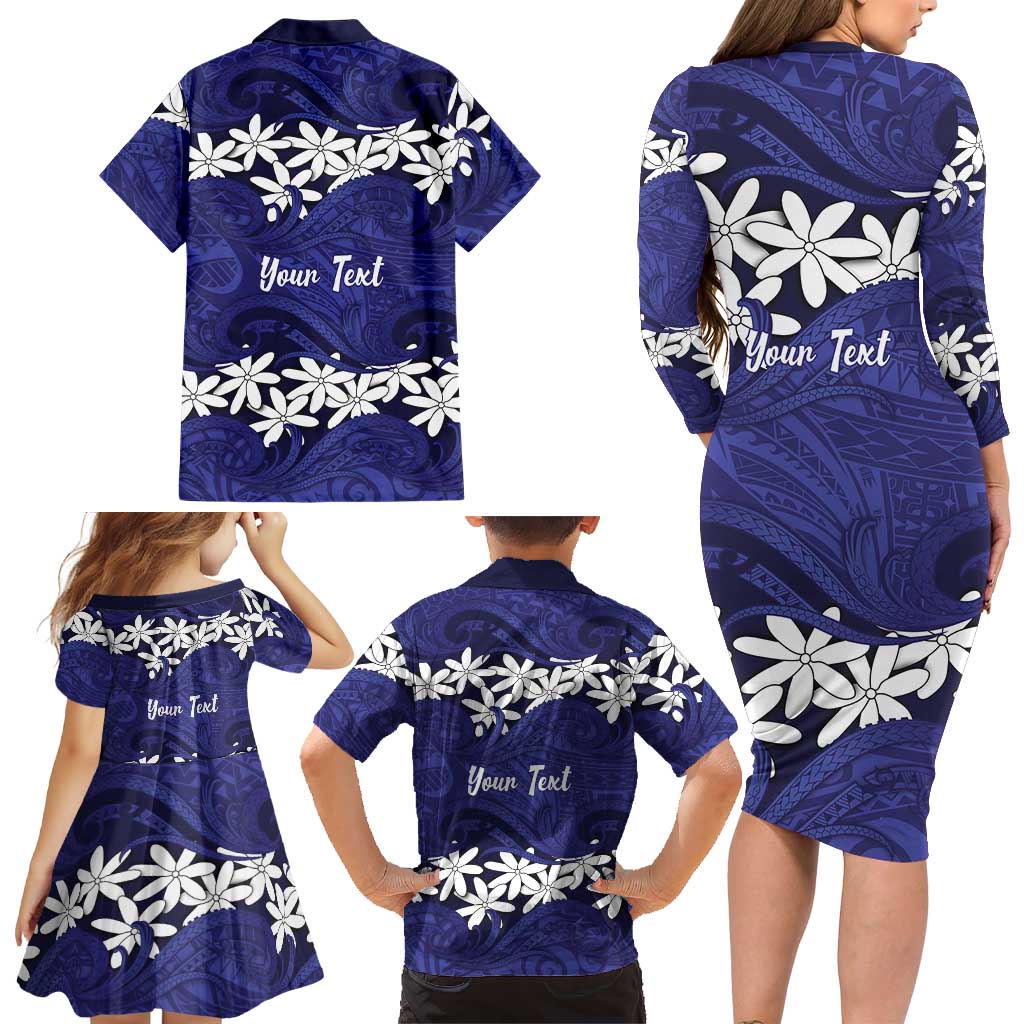 Personalised Cook Islands Pukapuka Family Matching Long Sleeve Bodycon Dress and Hawaiian Shirt Tiare Maori Polynesian Waves Tattoo