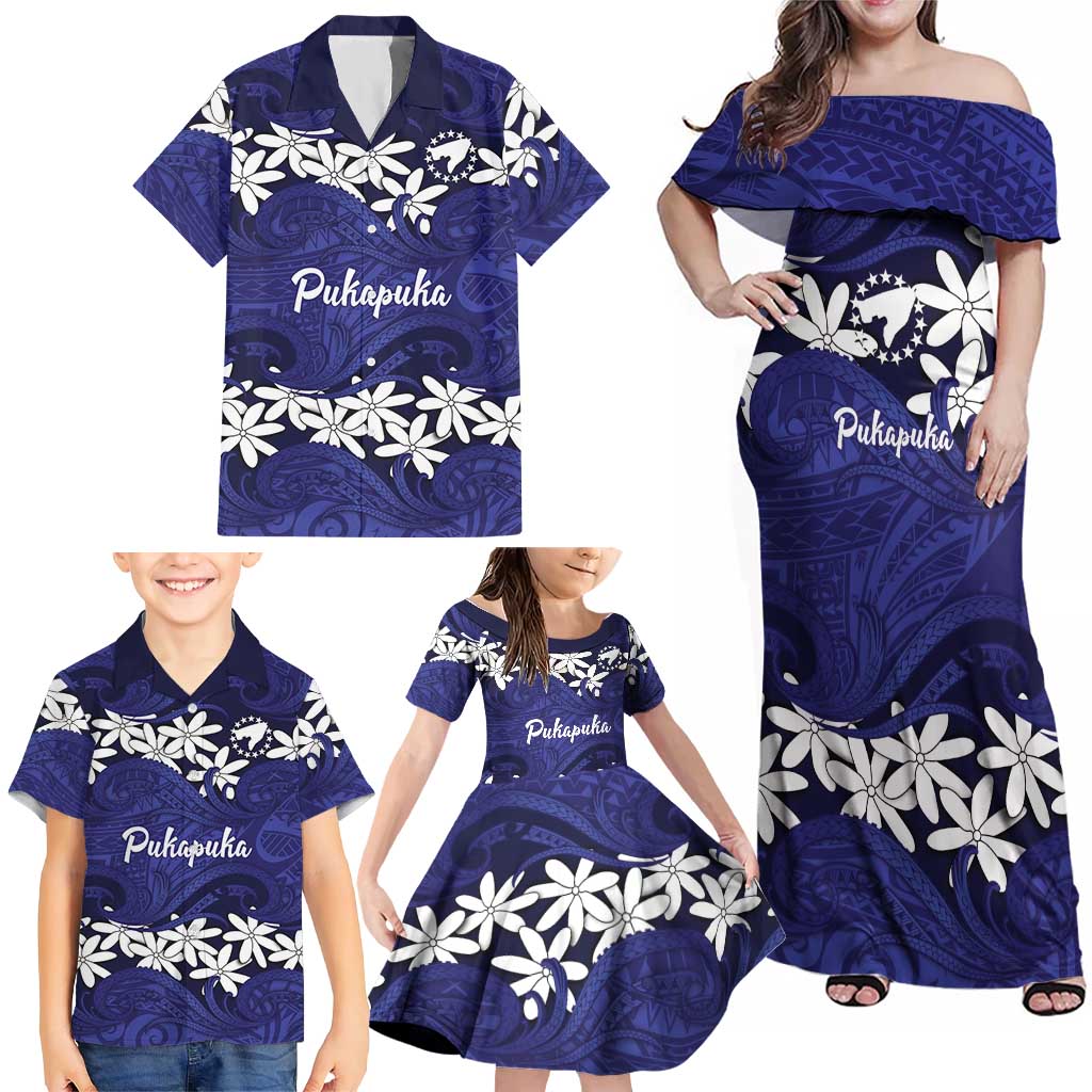 Personalised Cook Islands Pukapuka Family Matching Off Shoulder Maxi Dress and Hawaiian Shirt Tiare Maori Polynesian Waves Tattoo LT14 - Polynesian Pride
