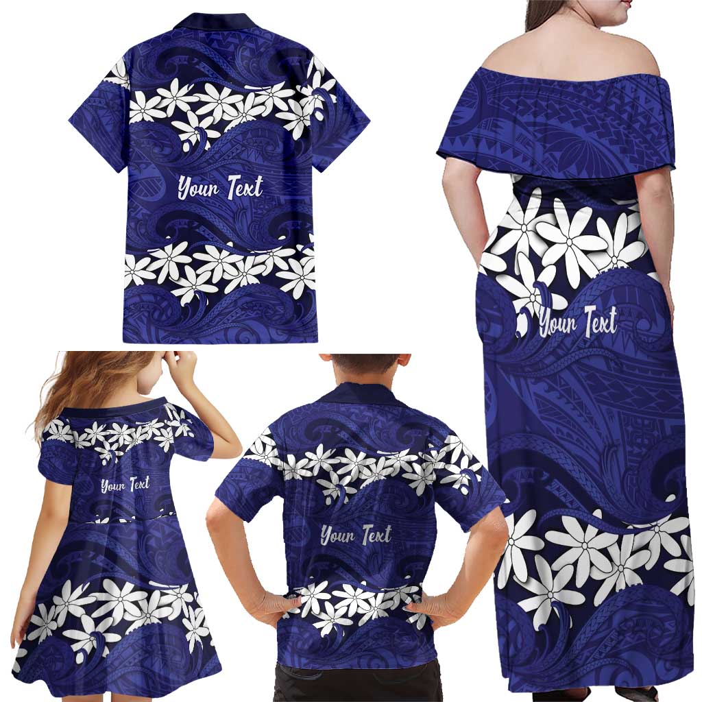 Personalised Cook Islands Pukapuka Family Matching Off Shoulder Maxi Dress and Hawaiian Shirt Tiare Maori Polynesian Waves Tattoo