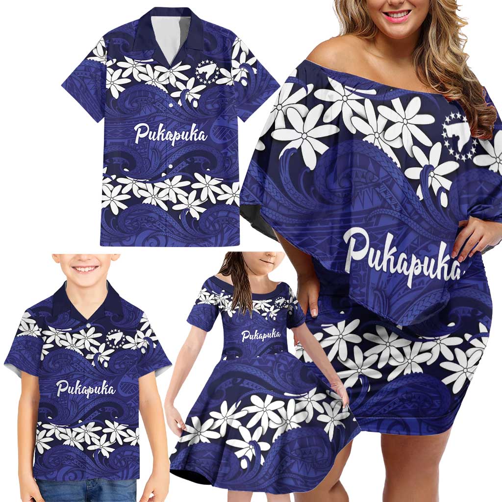 Personalised Cook Islands Pukapuka Family Matching Off Shoulder Short Dress and Hawaiian Shirt Tiare Maori Polynesian Waves Tattoo LT14 - Polynesian Pride