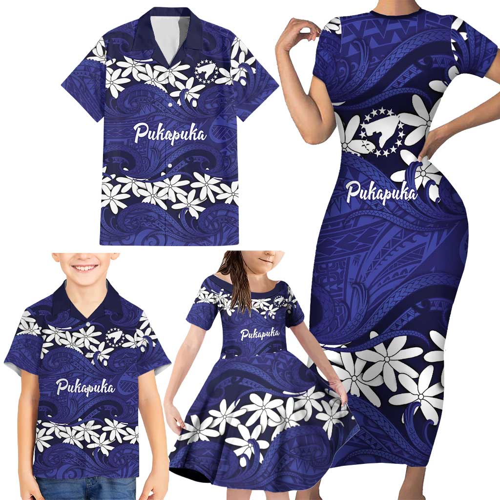 Personalised Cook Islands Pukapuka Family Matching Short Sleeve Bodycon Dress and Hawaiian Shirt Tiare Maori Polynesian Waves Tattoo LT14 - Polynesian Pride