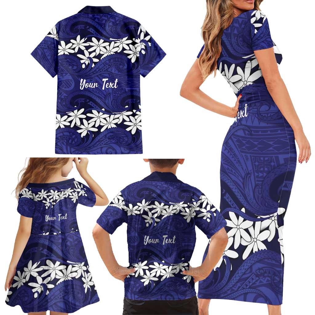 Personalised Cook Islands Pukapuka Family Matching Short Sleeve Bodycon Dress and Hawaiian Shirt Tiare Maori Polynesian Waves Tattoo