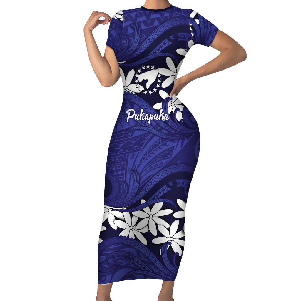 Personalised Cook Islands Pukapuka Family Matching Short Sleeve Bodycon Dress and Hawaiian Shirt Tiare Maori Polynesian Waves Tattoo