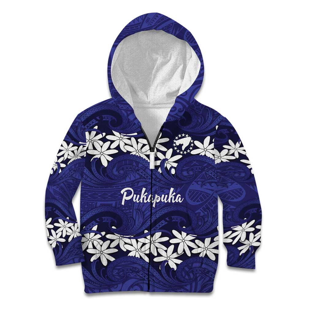 Personalised Cook Islands Pukapuka Kid Hoodie Tiare Maori Polynesian Waves Tattoo LT14 Zip Hoodie Blue - Polynesian Pride