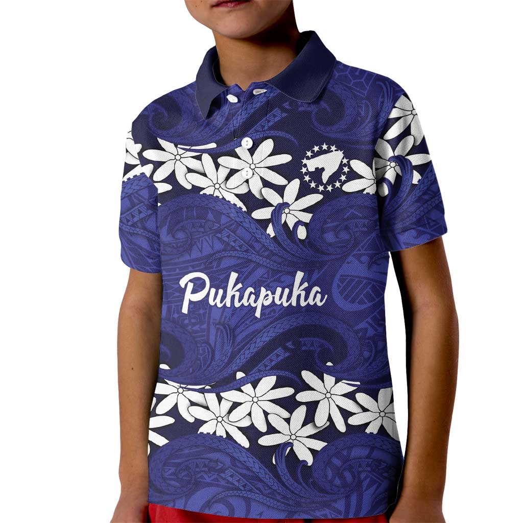 Personalised Cook Islands Pukapuka Kid Polo Shirt Tiare Maori Polynesian Waves Tattoo LT14 Kid Blue - Polynesian Pride