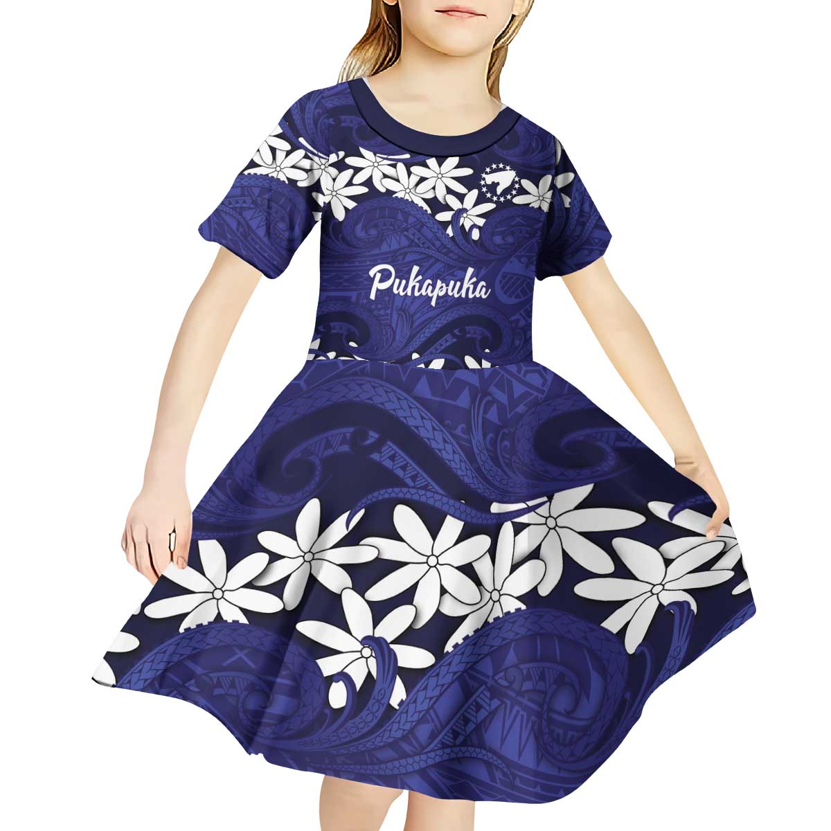Personalised Cook Islands Pukapuka Kid Short Sleeve Dress Tiare Maori Polynesian Waves Tattoo LT14 - Polynesian Pride