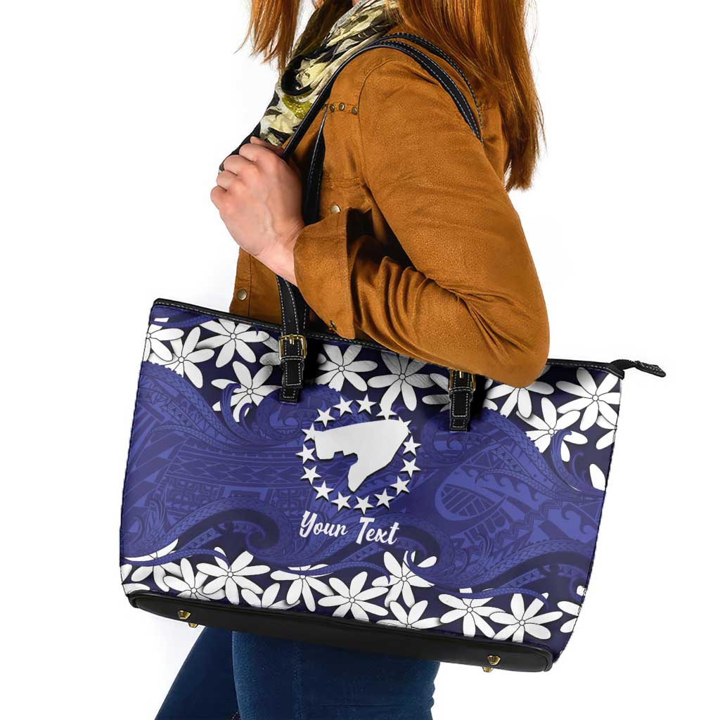 Personalised Cook Islands Pukapuka Leather Tote Bag Tiare Maori Polynesian Waves Tattoo LT14 Blue - Polynesian Pride