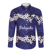 Personalised Cook Islands Pukapuka Long Sleeve Button Shirt Tiare Maori Polynesian Waves Tattoo LT14 Unisex Blue - Polynesian Pride