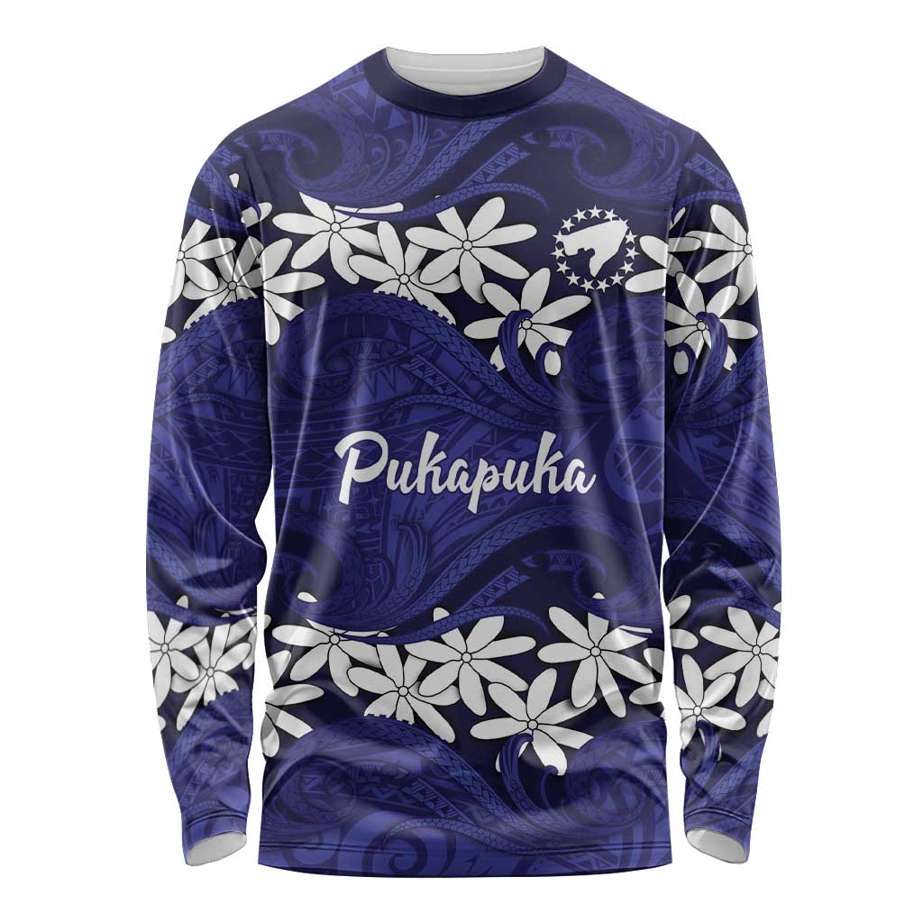 Personalised Cook Islands Pukapuka Long Sleeve Shirt Tiare Maori Polynesian Waves Tattoo LT14 Unisex Blue - Polynesian Pride