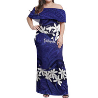 Personalised Cook Islands Pukapuka Off Shoulder Maxi Dress Tiare Maori Polynesian Waves Tattoo LT14 Women Blue - Polynesian Pride