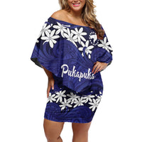 Personalised Cook Islands Pukapuka Off Shoulder Short Dress Tiare Maori Polynesian Waves Tattoo LT14 Women Blue - Polynesian Pride