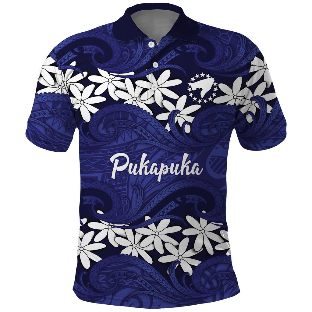 Personalised Cook Islands Pukapuka Polo Shirt Tiare Maori Polynesian Waves Tattoo LT14 Blue - Polynesian Pride