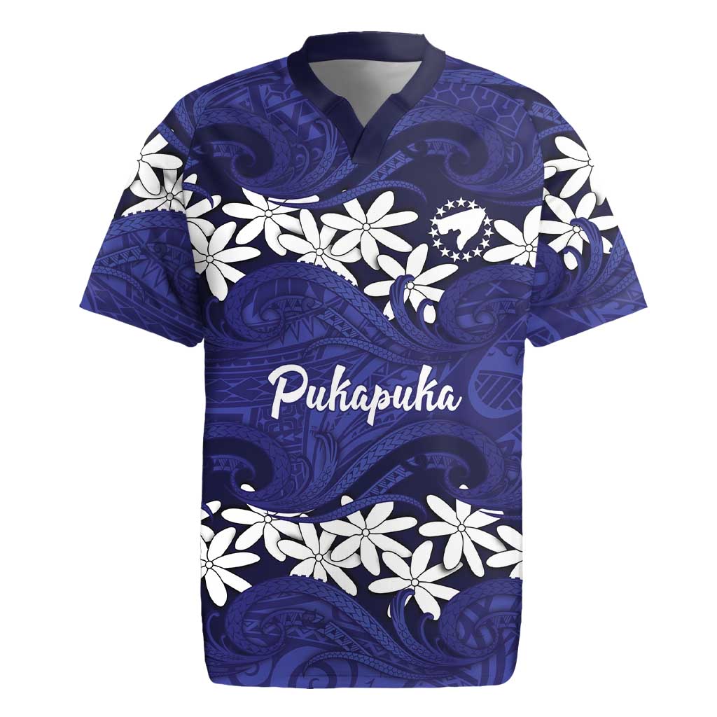 Personalised Cook Islands Pukapuka Rugby Jersey Tiare Maori Polynesian Waves Tattoo LT14 Blue - Polynesian Pride