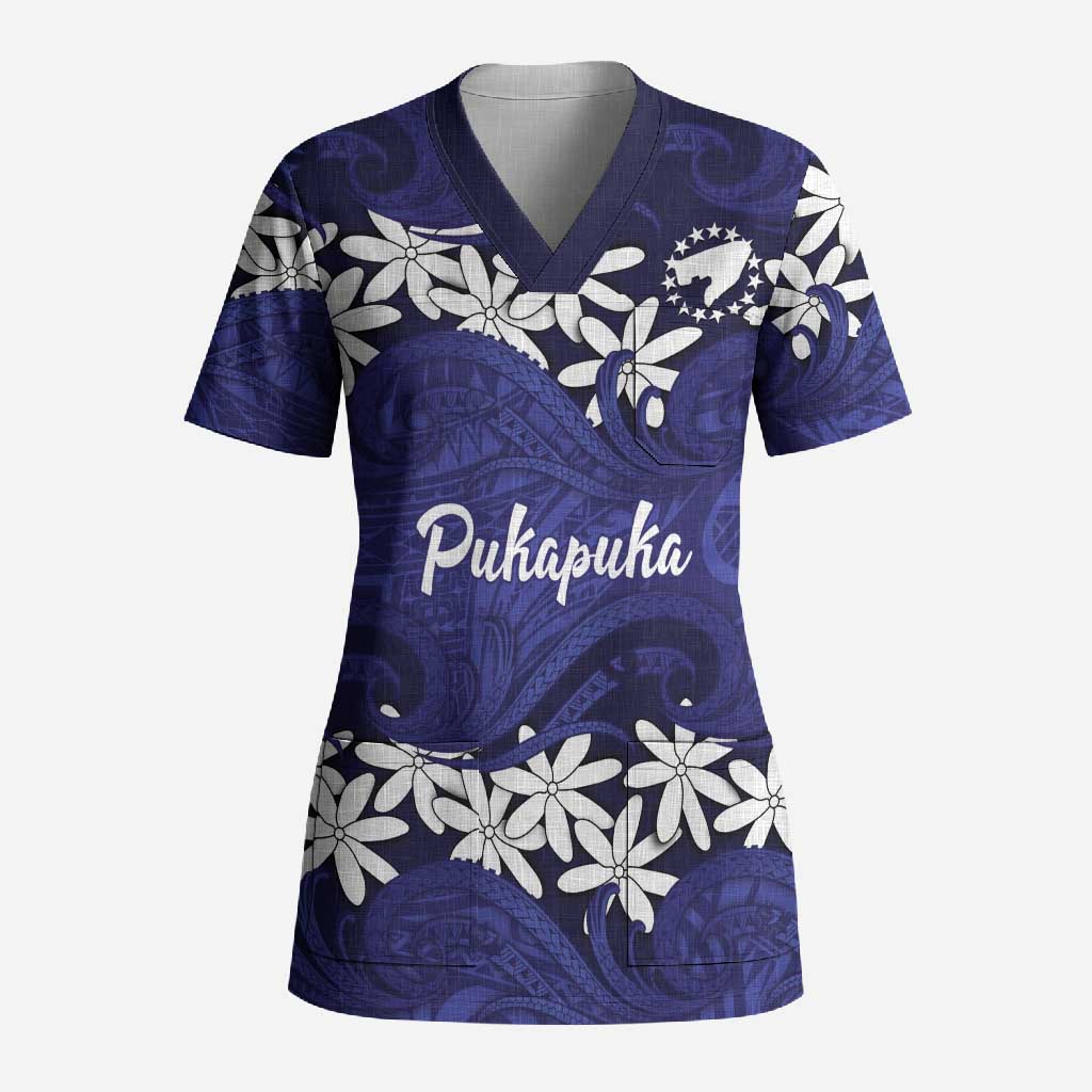 Personalised Cook Islands Pukapuka Scrub Top Tiare Maori Polynesian Waves Tattoo LT14 Adult Blue - Polynesian Pride