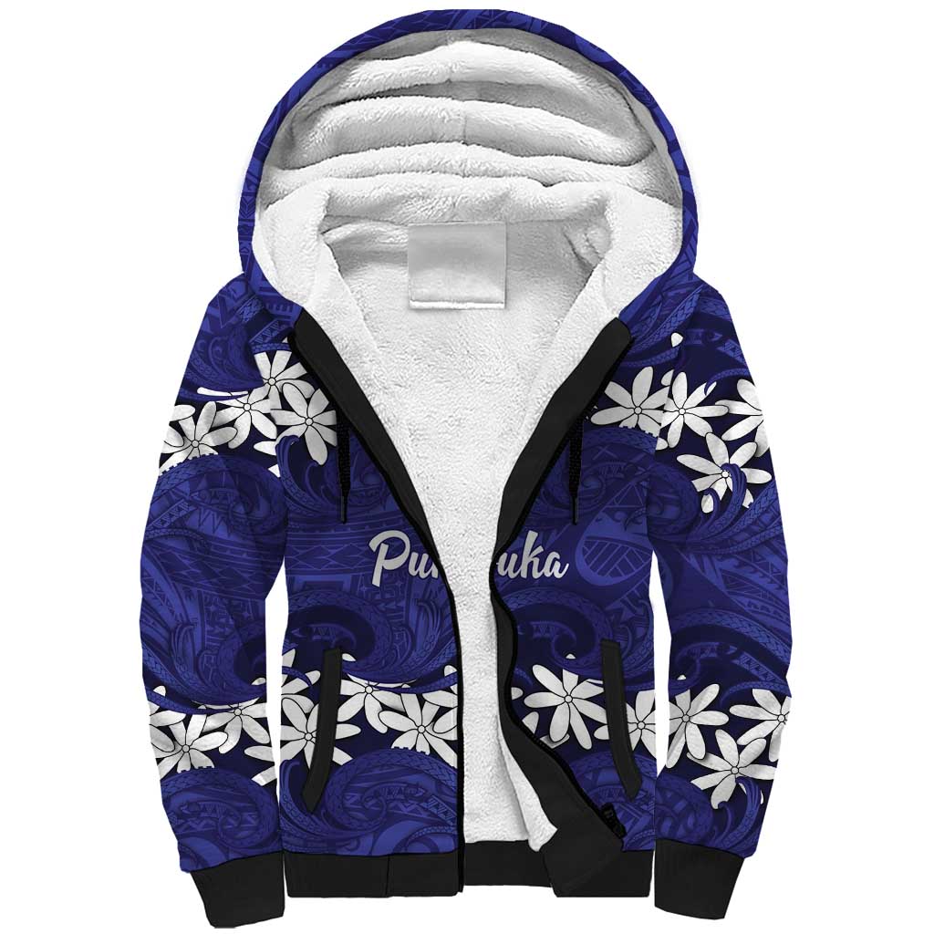 Personalised Cook Islands Pukapuka Sherpa Hoodie Tiare Maori Polynesian Waves Tattoo LT14 Unisex Blue - Polynesian Pride